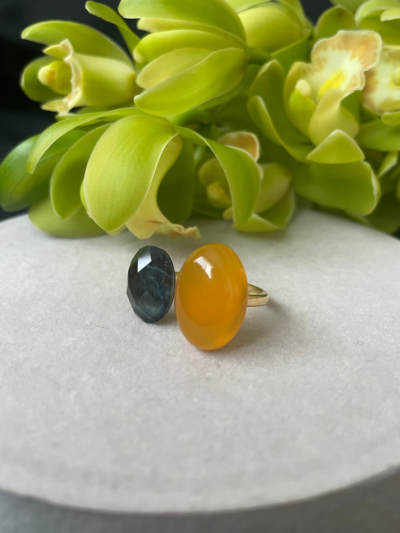 〈褒められリング〉 青と黄色　ブルータイガーアイ＋クリスタル×イエローカルセドニーフォークリング 16枚目の画像