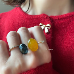 〈褒められリング〉 青と黄色　ブルータイガーアイ＋クリスタル×イエローカルセドニーフォークリング 10枚目の画像