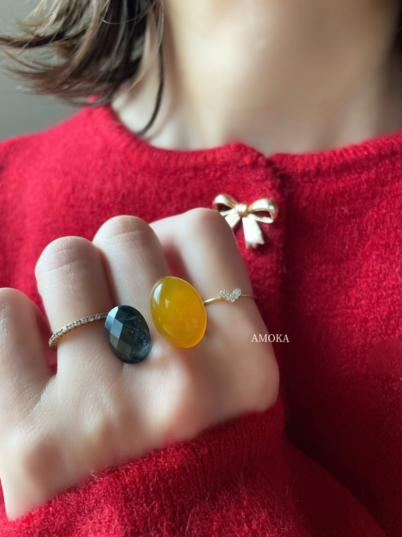 〈褒められリング〉 青と黄色　ブルータイガーアイ＋クリスタル×イエローカルセドニーフォークリング 10枚目の画像