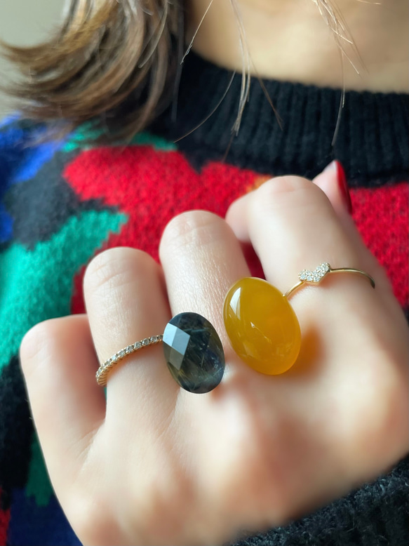 〈褒められリング〉 青と黄色　ブルータイガーアイ＋クリスタル×イエローカルセドニーフォークリング 9枚目の画像