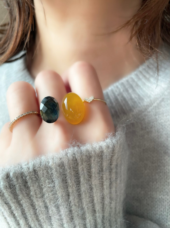 〈褒められリング〉 青と黄色　ブルータイガーアイ＋クリスタル×イエローカルセドニーフォークリング 8枚目の画像