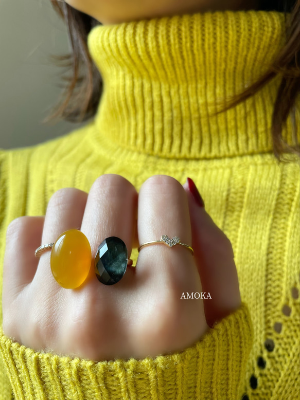 〈褒められリング〉 青と黄色　ブルータイガーアイ＋クリスタル×イエローカルセドニーフォークリング 2枚目の画像