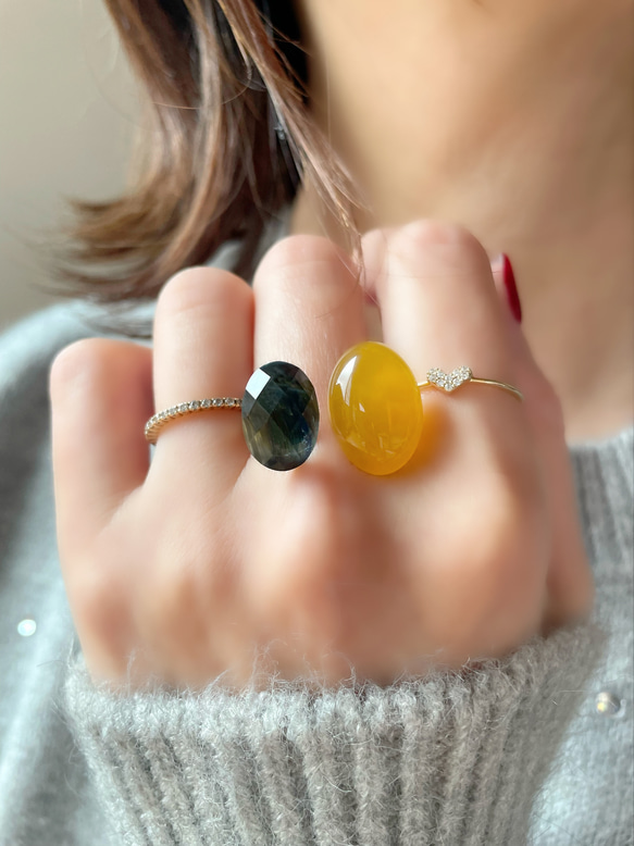 〈褒められリング〉 青と黄色　ブルータイガーアイ＋クリスタル×イエローカルセドニーフォークリング 6枚目の画像