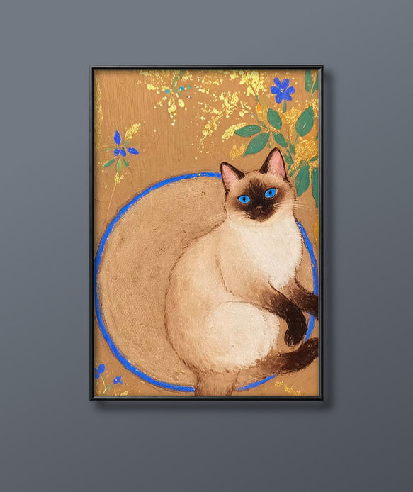絵画。原画手描【シャム猫たちはデート記念日のためにさくらんぼケーキを用意した】 絵画。原画手描【シャム猫たちはデート記念日のためにさくらんぼ