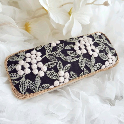 再販】春香る刺繍生地ミモザのメガネケース ブラック 名入れ 再販】春香る刺繍生地ミモザのメガネケース ブラック 名入れ