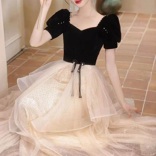 パーティードレス ロング 袖あり 半袖 黒 ベルベット ドレス 結婚式  