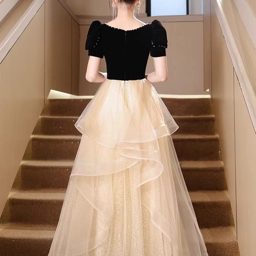 パーティードレス ロング 袖あり 半袖 黒 ベルベット ドレス 結婚式  