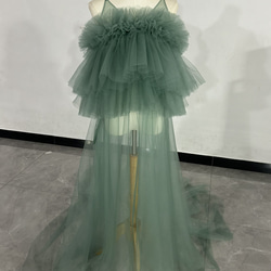 送料無料！グリーンカラードレス 3D立体レース刺繍 ソフトチュール 黄