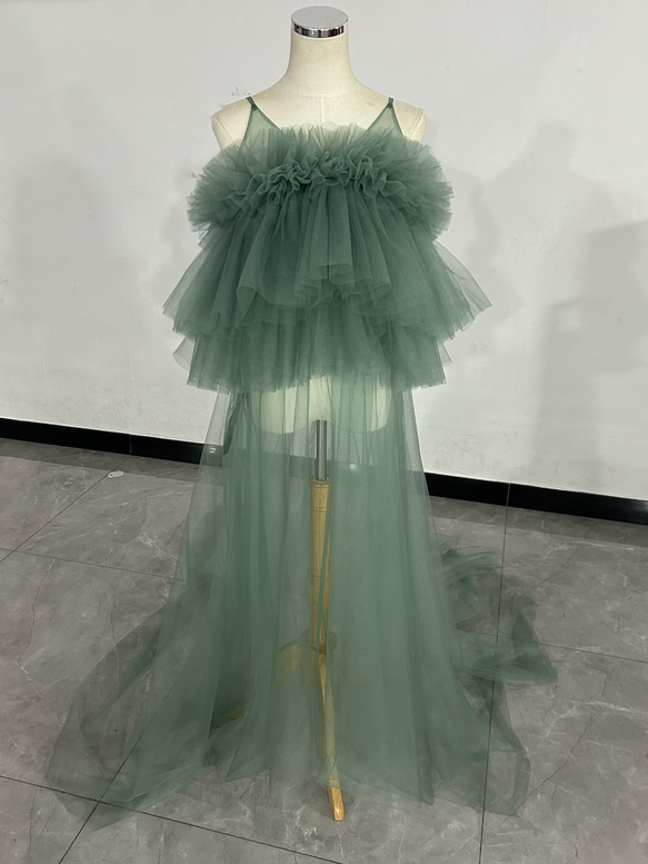 送料無料 ！上品！ペールトーンのミントグリーン色 チュールドレス