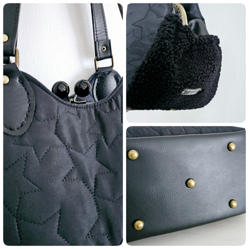 即納❗』星柄☆立体キルト☆黒☆あおり付きがま口バッグ がま口 A-koo