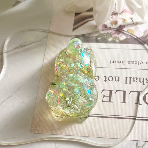 小花ねこ クリアグリーン 天然石 レジン 置物 オブジェ