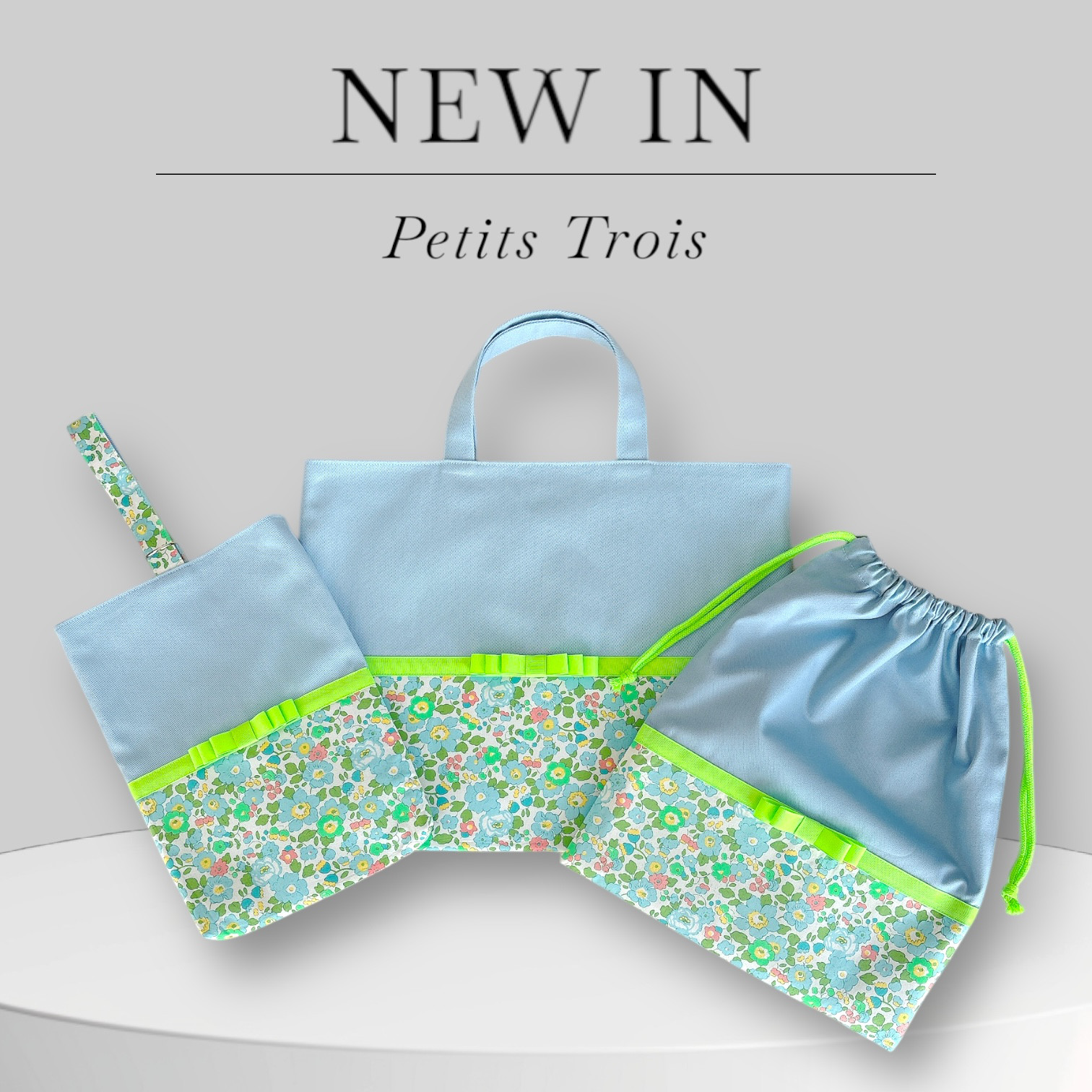 ⭐︎しっかり丈夫⭐︎[入園入学3点セット]通園バッグ（サックス×ベッツィネオン・ネオングリーングログランリボン）