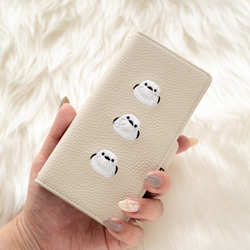 多機種対応 スマホケース 手帳型 【 3羽のシマエナガ 】 ミラー付き 刺繍 スマホスタンド くすみカラー A310I 12枚目の画像