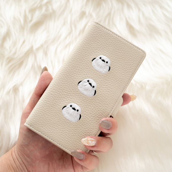 多機種対応 スマホケース 手帳型 【 3羽のシマエナガ 】 ミラー付き 刺繍 スマホスタンド くすみカラー A310I 12枚目の画像