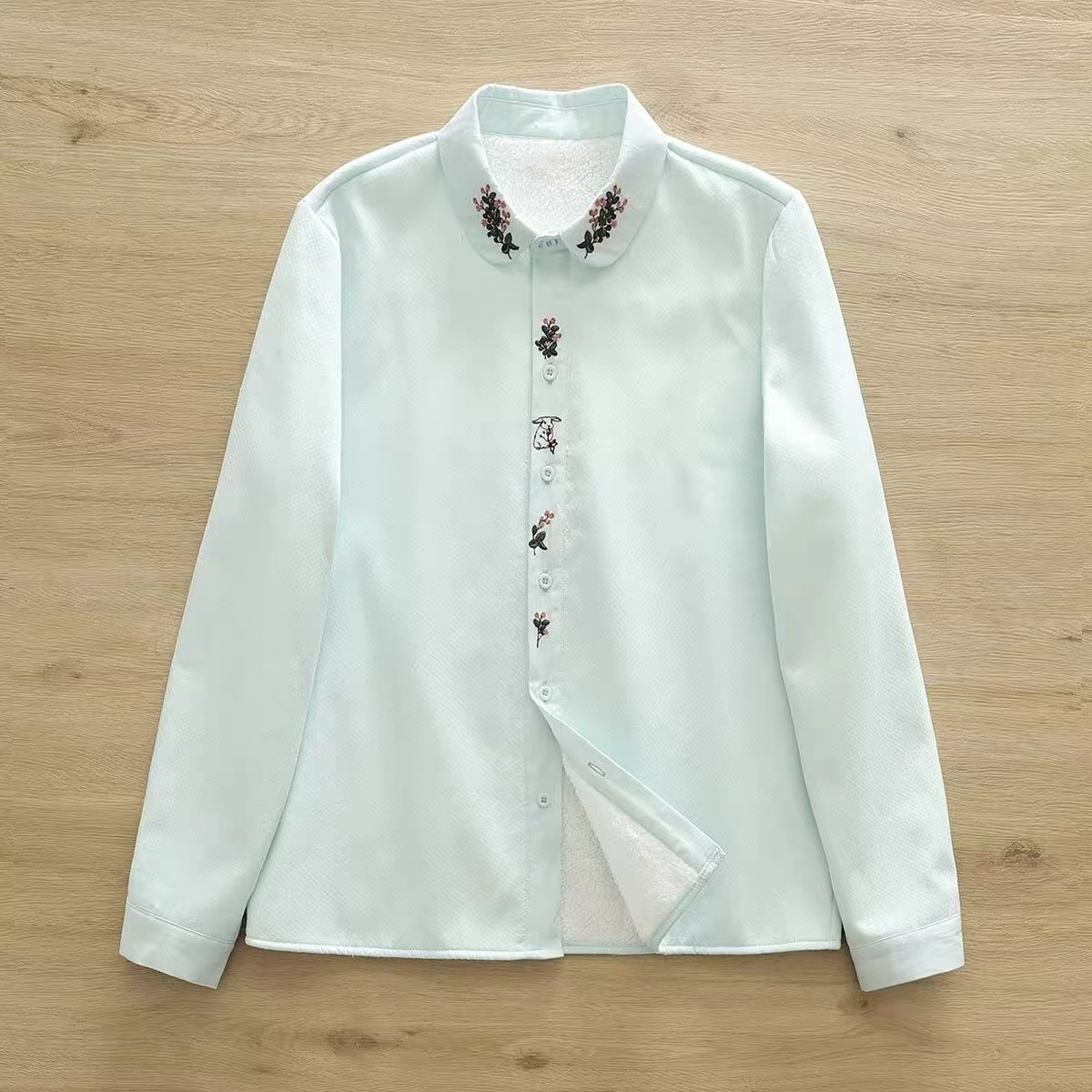 冬、春秋、ブラウス、トップス、コットン、裏起毛、刺繍