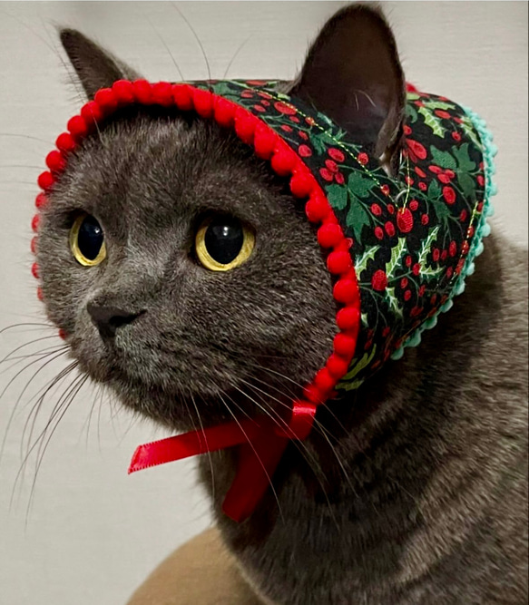 ねこさんのクリスマスバブーシュカ 三角頭巾 ペット服・アクセサリー