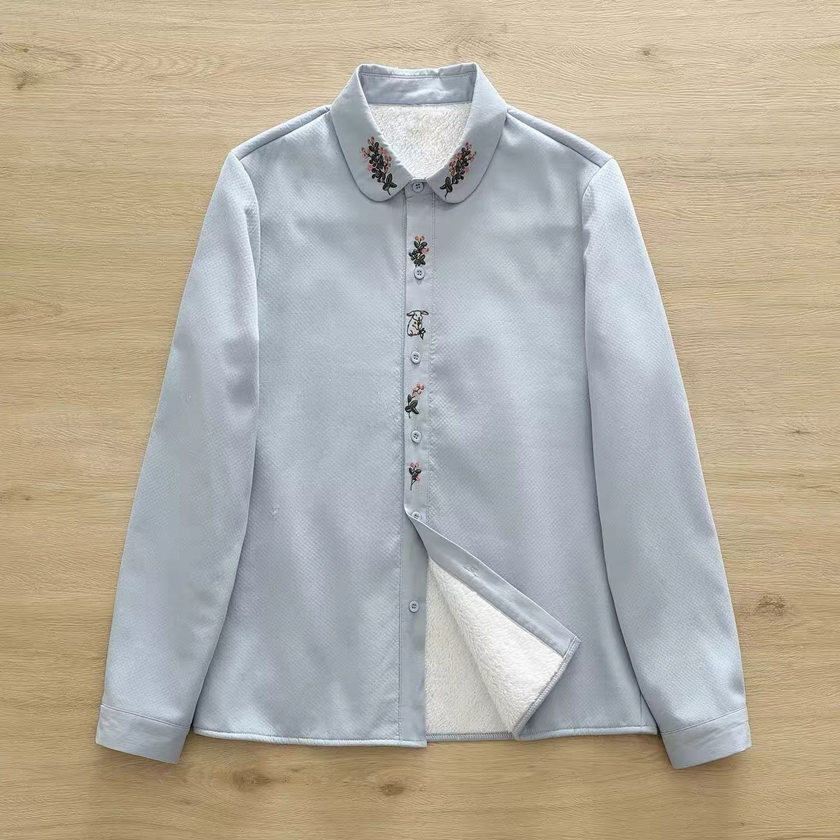 冬、春秋、ブラウス、トップス、コットン、裏起毛、刺繍