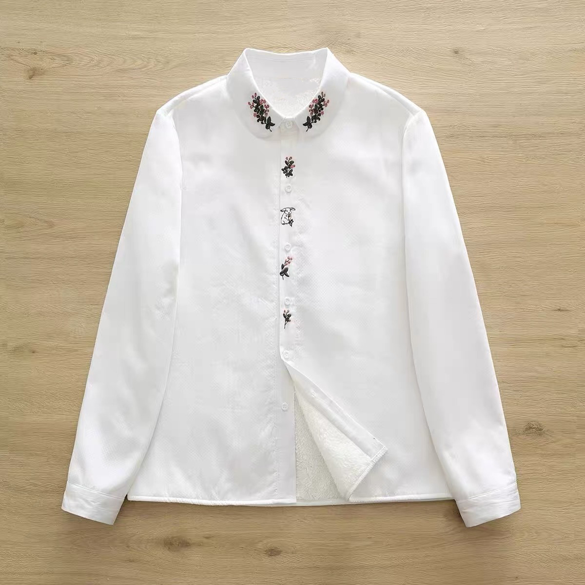 冬、春秋、ブラウス、トップス、コットン、裏起毛、刺繍