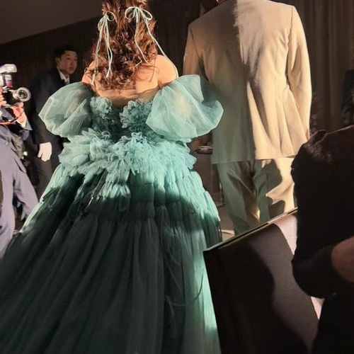 実例写真！カラードレス パーティードレス パフスリーブ 柔らかく重ね  