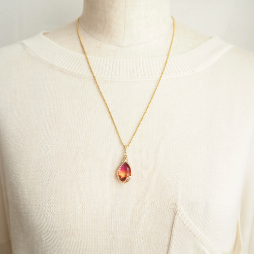 Vintage/グラデーションストーン-Red&Orange ロングネックレス