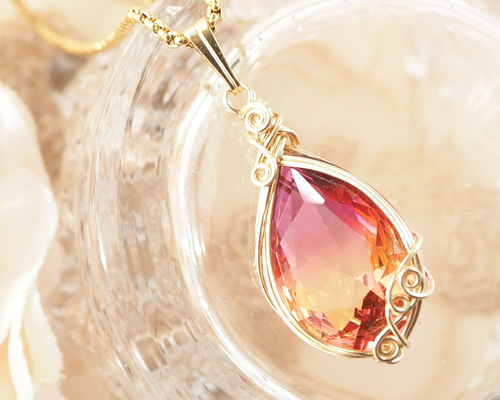 Vintage/グラデーションストーン-Red&Orange ロングネックレス