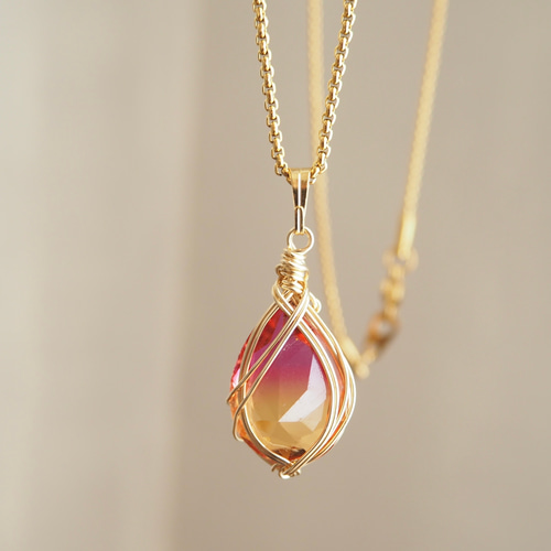 約66cm 本鼈甲グラデーションロングネックレス Vintage/グラデーションストーン-Red&Orange ロングネックレス