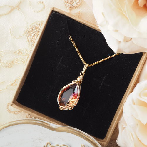 Vintage/グラデーションストーン-Red&Orange ロングネックレス