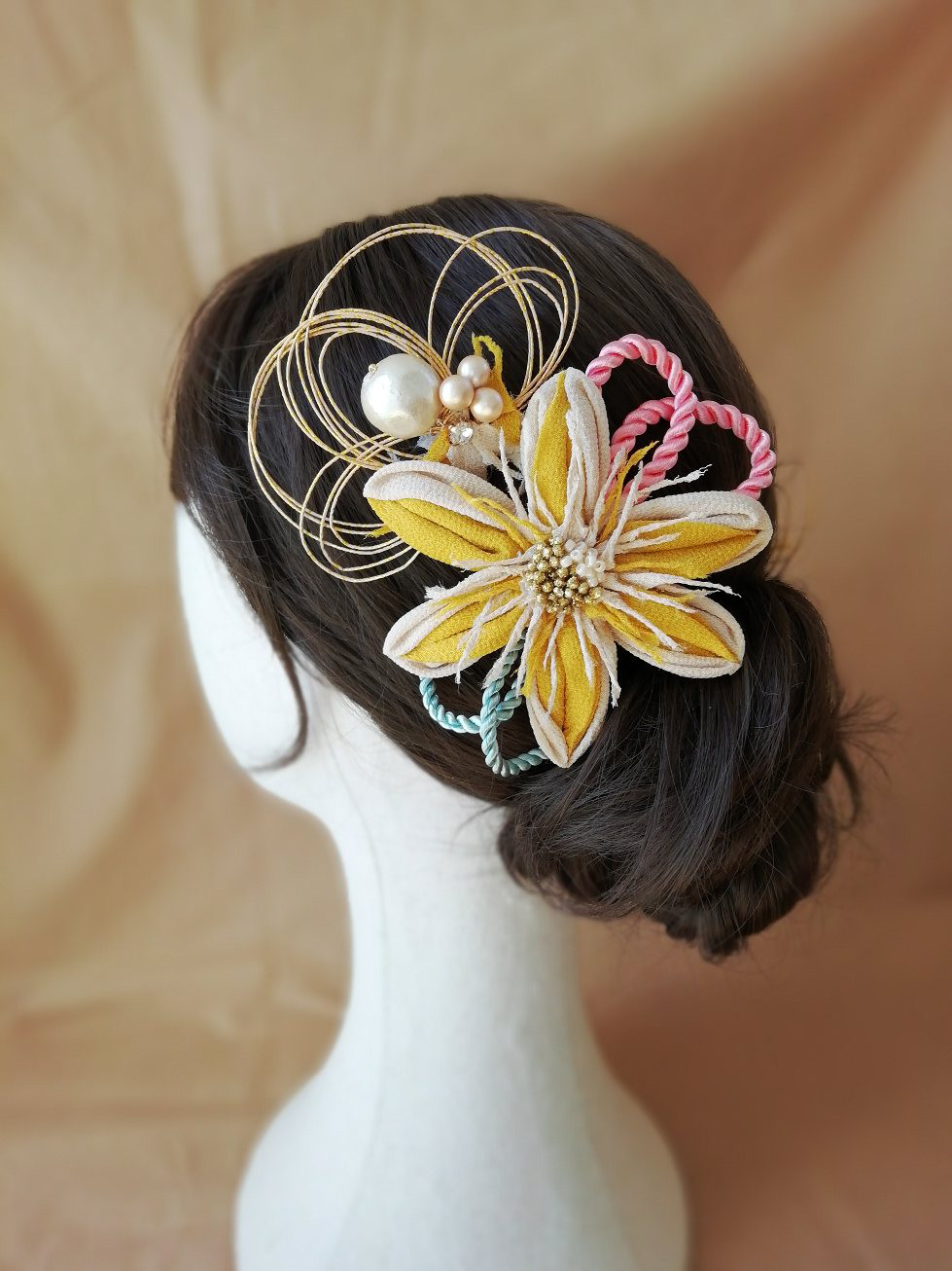 20％Off！卒業式 成人式結婚式和洋　つまみ細工フラワー髪飾り水引結び3点セット(中型)