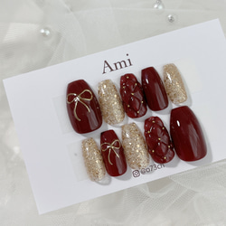 ネイルチップ＊ボルドー 赤 レッド ゴールド キルティング