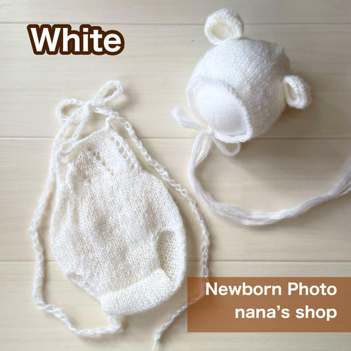 くま耳帽子と編み込み模様のロンパース クマニューボーンフォト衣装