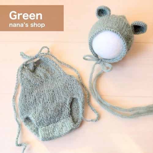 くま耳帽子と編み込み模様のロンパース クマニューボーンフォト衣装