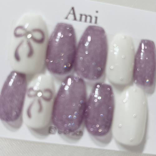 ネイルチップ＊ぷっくりリボン フラッシュ ガーリー パープル 紫