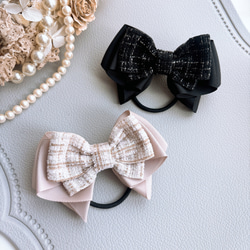 新作 重なるリボン ❤︎.* ヘアゴム ネイビー 真ん中サテンリボン