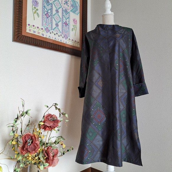 ★着物リメイク 大島紬 絹★パッチワーク 衿付き 六分袖ロングワンピース　一点物 一点物！！着物リメイク ワンピース 大島紬色々 パッチワンピ