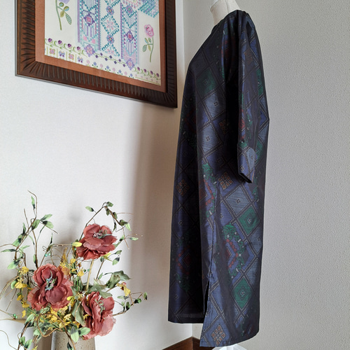 ☆ 着物リメイク/大島紬/ボトルネック/ワンピ―ス/一点物 ☆ 正絹