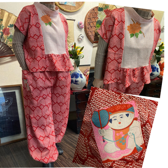 総絞り(赤)のトップスとパンツとセット 着物リメイク セットアップ  