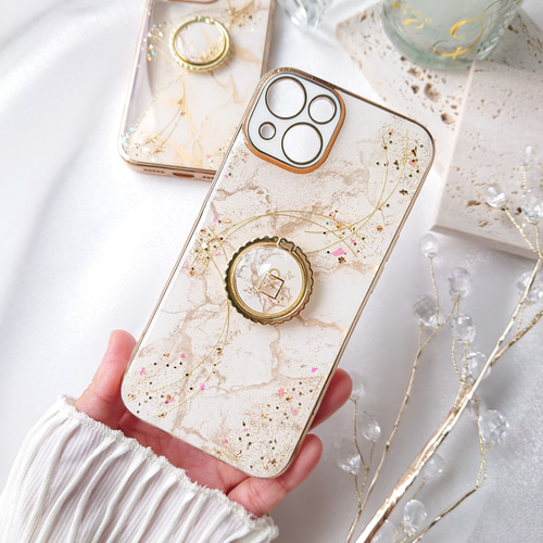 全面スノーゴールド iPhoneケース アルコールインクアート 上品 雪