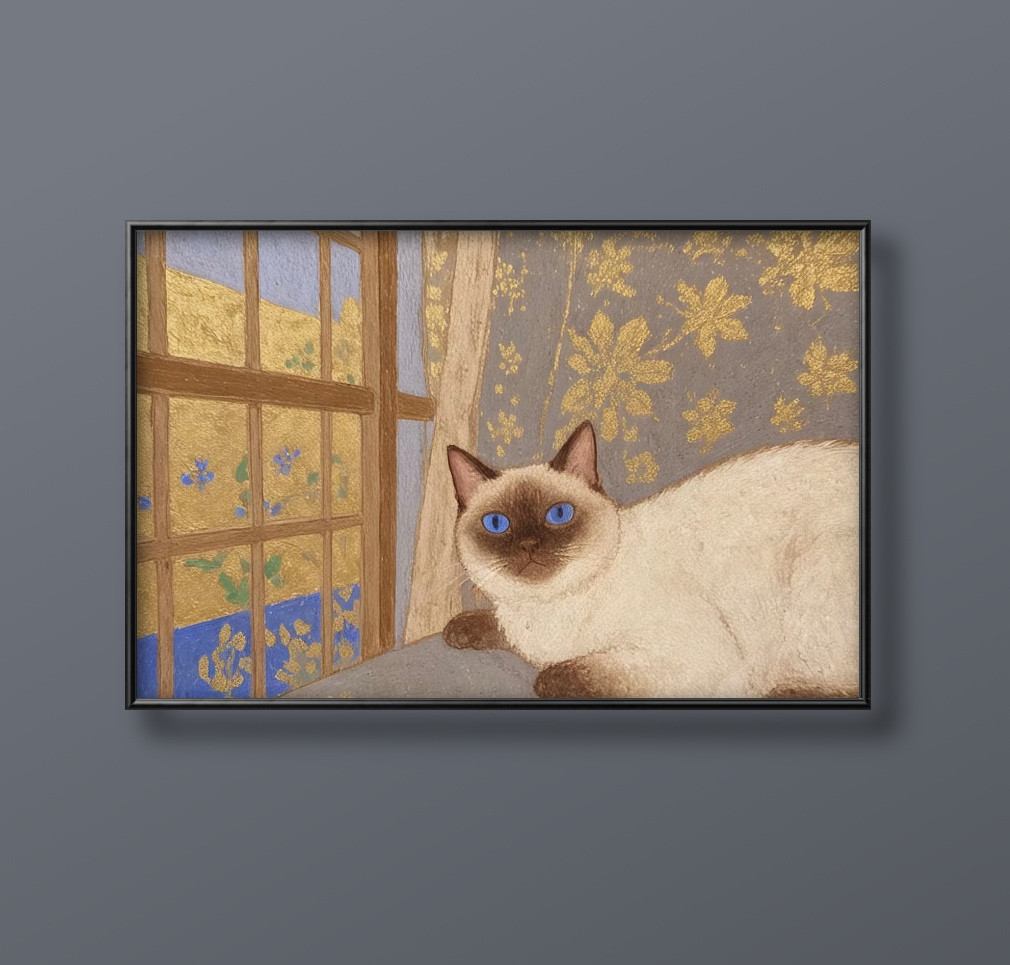 絵画。原画【シャム猫は週末にきれいで暖かい部屋を配置してからコーヒーを飲みます】