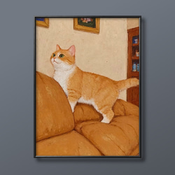 絵画。原画【かわいい橘猫が騒ぎを起こそうとベンチに飛び乗った】 絵画。原画【かわいい橘猫が騒ぎを起こそうとベンチに飛び乗った