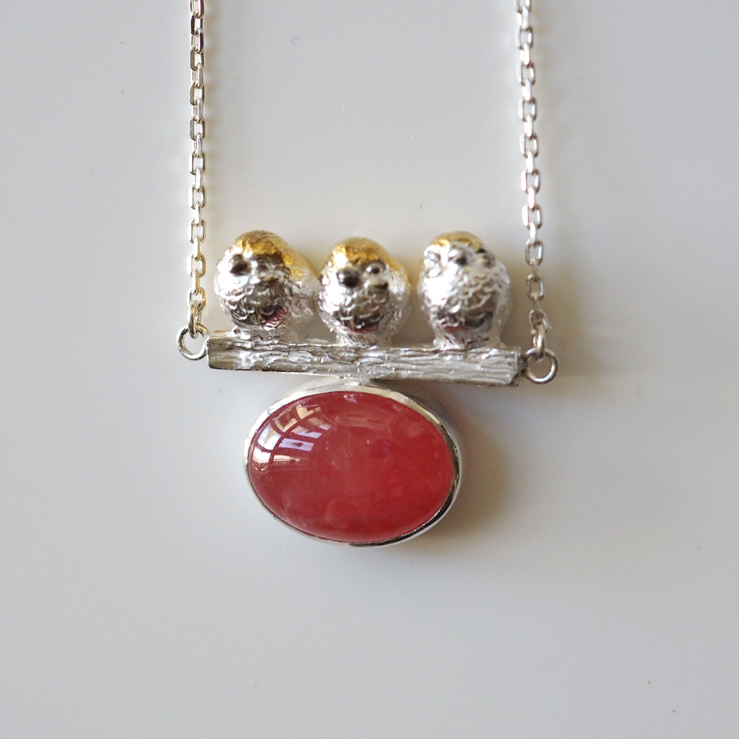 ロードクロサイトインカローズ10.06ct 3羽の雀Silverペンダント