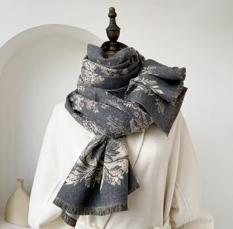 【繊細な模様は主役級】ジャガード織ストールマフラー・ボヘミアンフラワー/GY