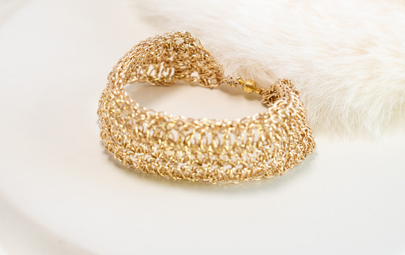 編み物アクセサリー 長編みブレスレット【ゴールドカラー