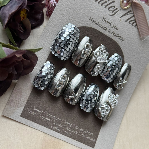 378》ネイルチップ シルバー ミラーボール 王冠 ドクロ メンズ