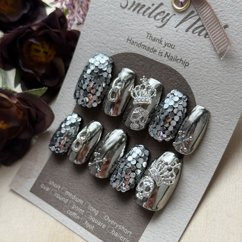 378》ネイルチップ シルバー ミラーボール 王冠 ドクロ メンズ