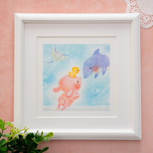 原画】「イルカさんとうさぎさんの内緒のお話」 パステルアート 海