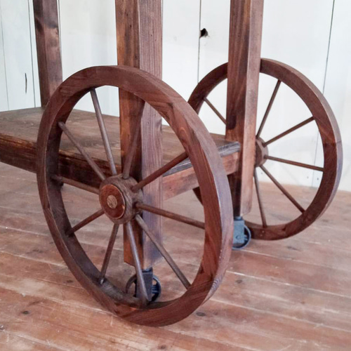 古道具　木製トロリーワゴン トローリーワゴン アンティーク調木製ワゴン 車輪付き オーダー