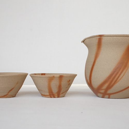 備前緋襷(ひだすき)酒器と盃の3点セット おちょこ・ぐい呑み・徳利