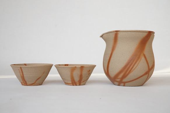 備前緋襷(ひだすき)酒器と盃の3点セット おちょこ・ぐい呑み・徳利