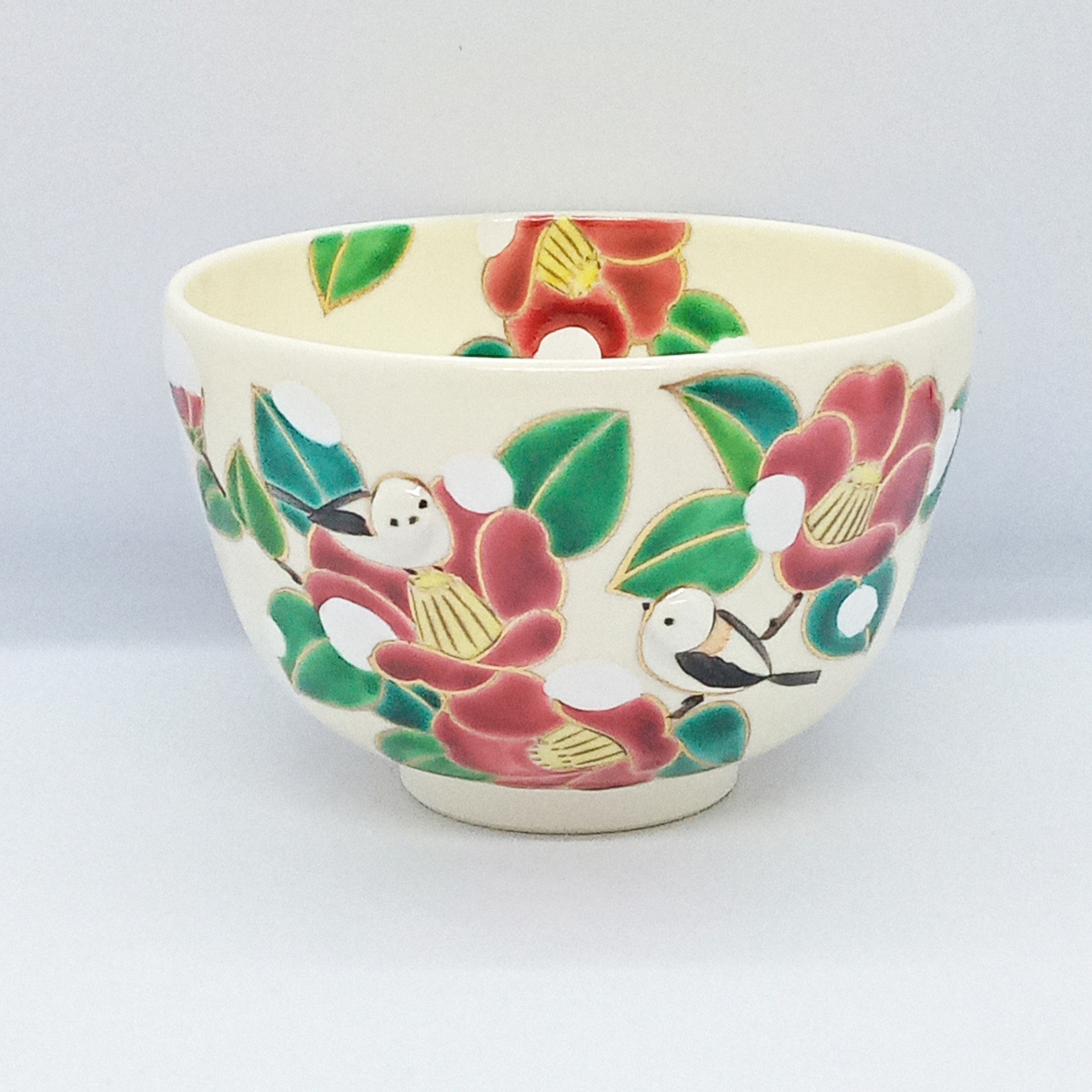 "PUKKURI"茶盌「夢想花にシマエナガ」京焼・清水焼　京都　伝統工芸　清水焼　椿　雪　シマエナガ