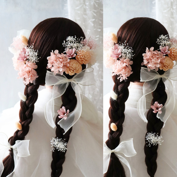 オレンジのソーラーローズとリボンの髪飾り 成人式用髪飾り 卒業式ヘア